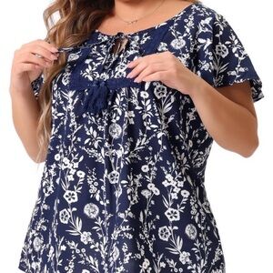 Plus Size Women’s Navy and White Floral Short Sleeve Chiffon Top
